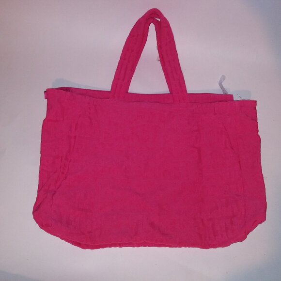 Victoria Secret Tote Bag Terry  Cloth Large Zip Up Closure Allover Logo Print Pi - Picture 1 of 15